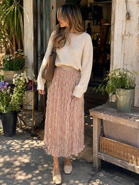 Miss Sparkling Nude Textured Fringe Elastic Waist Maxi Skirt